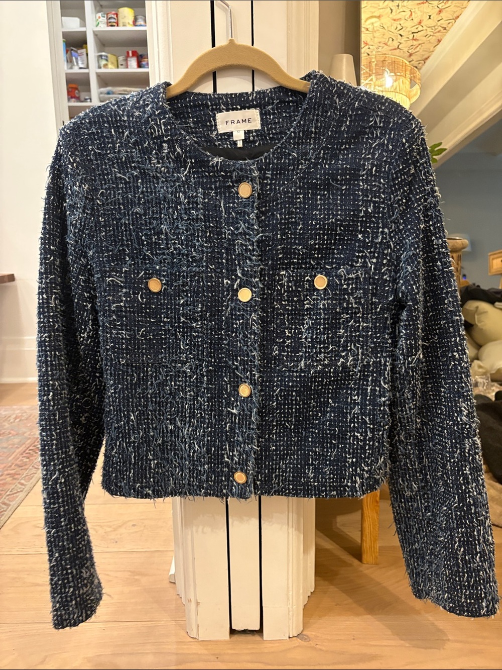 Frame Denim Navy Bouclé Crop Jacket with Gold Buttons
